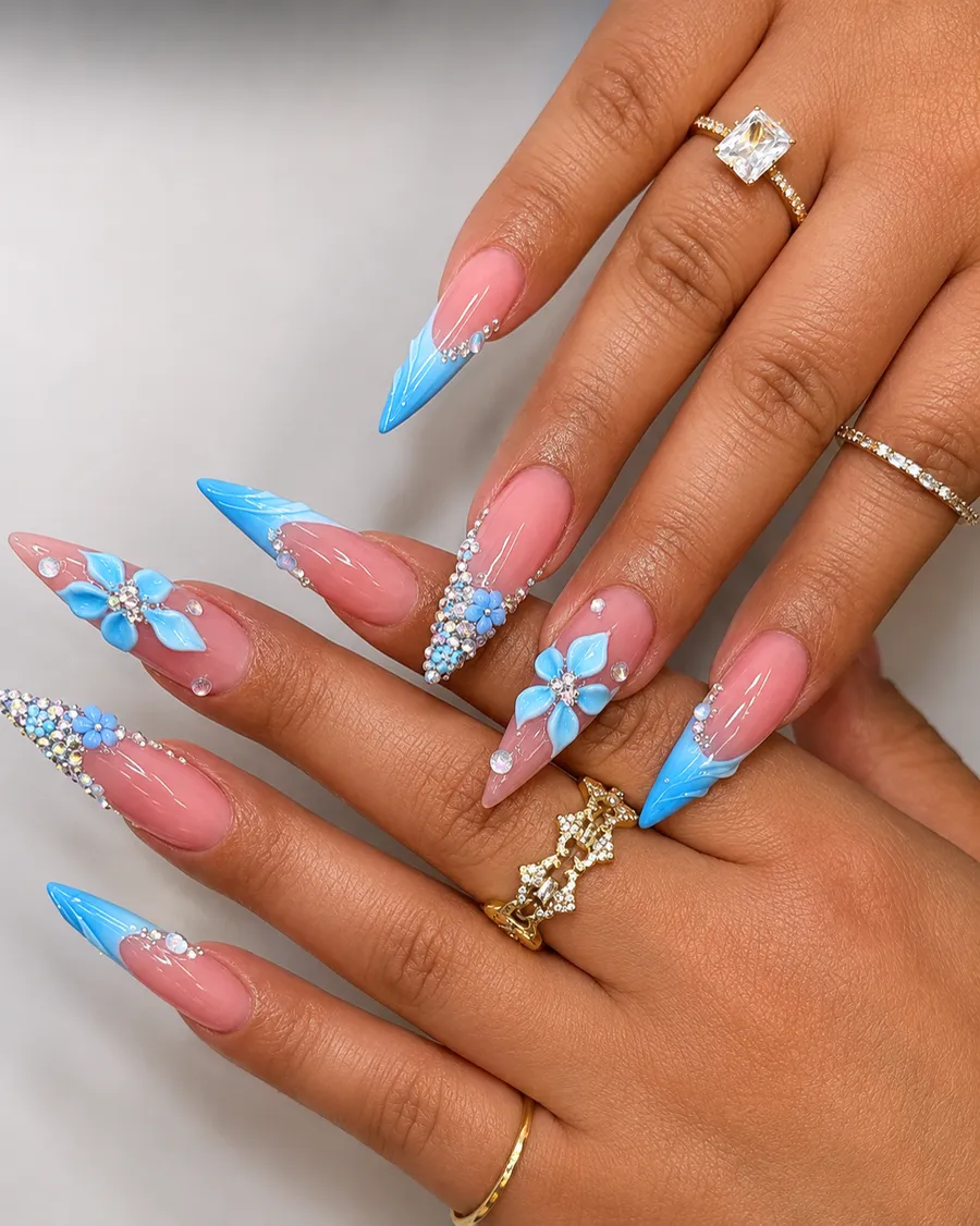 Blue 3D flower stiletto nails