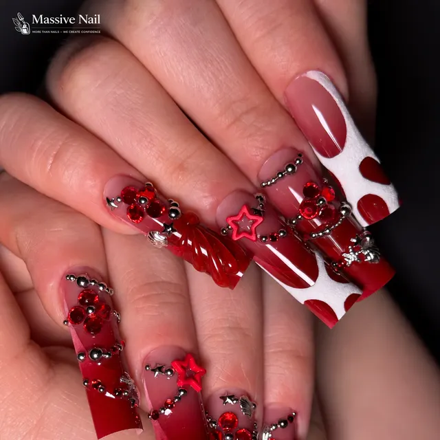 Red crystal stars nail design